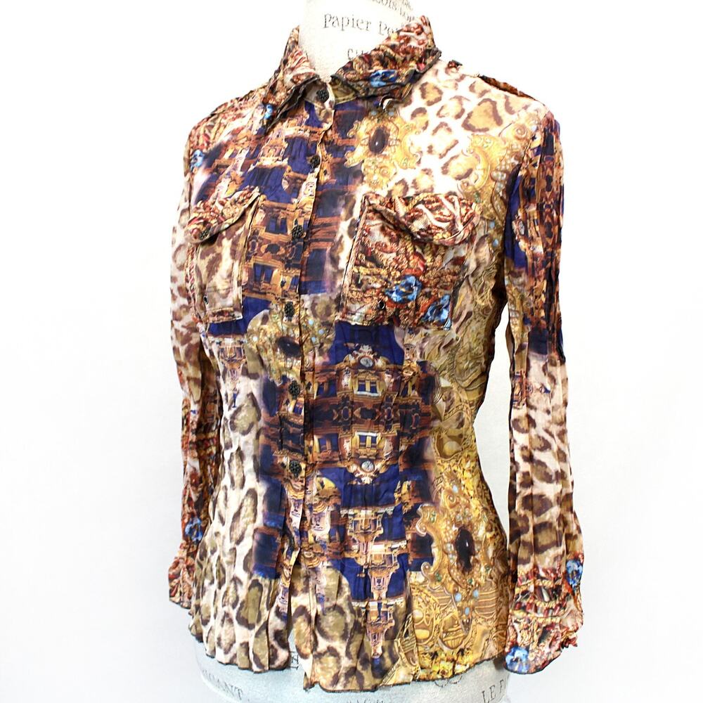 Alberto Makali vintage Y2K animal print button down blouse top crinkled Small